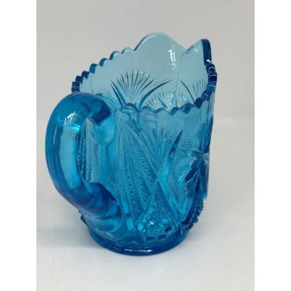 VTG Kemple Glass Yutec Fan & Star Blue Creamer Pitcher Sawtooth Edge MCM - Picture 4 of 8